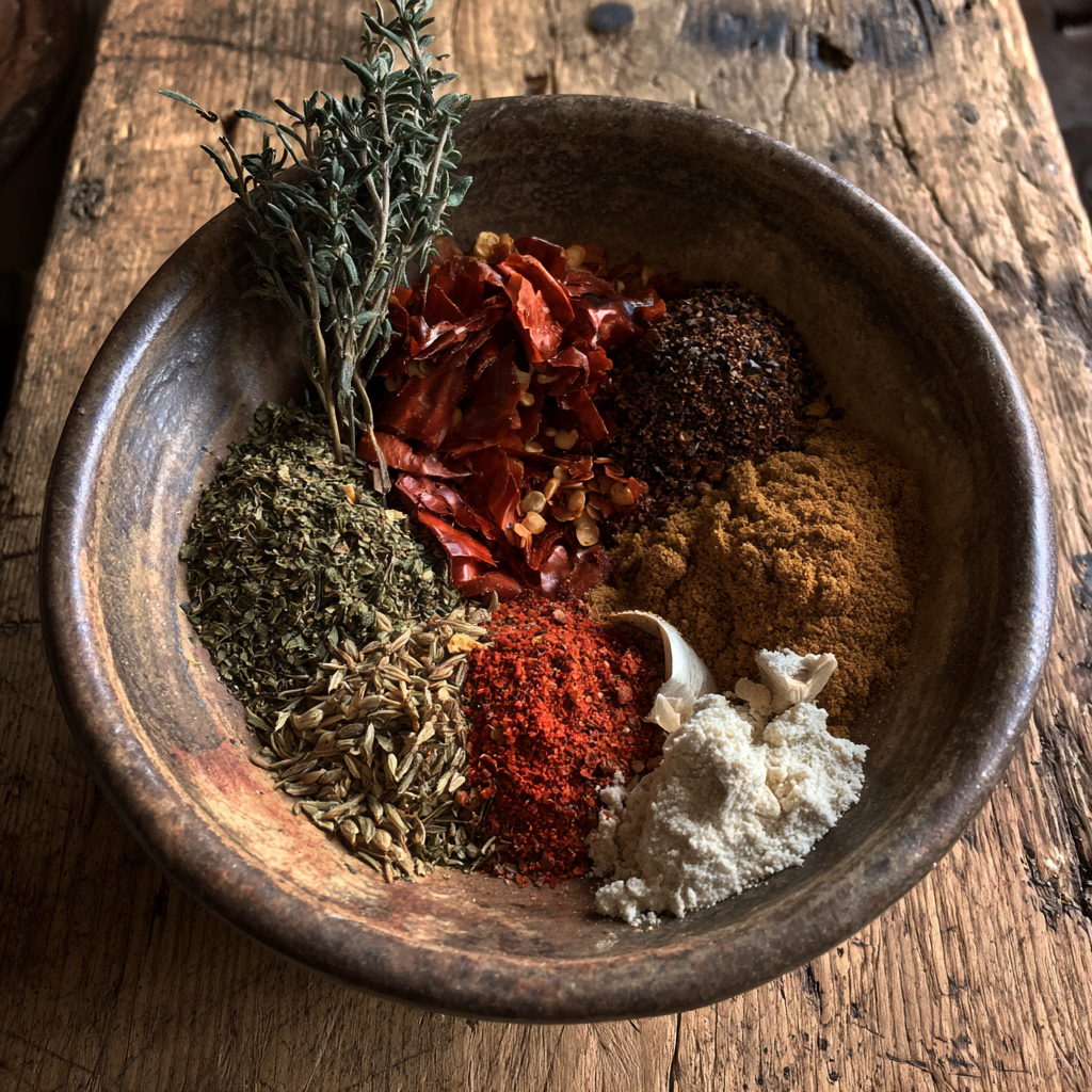 Whole spices arranged in a wooden bowl